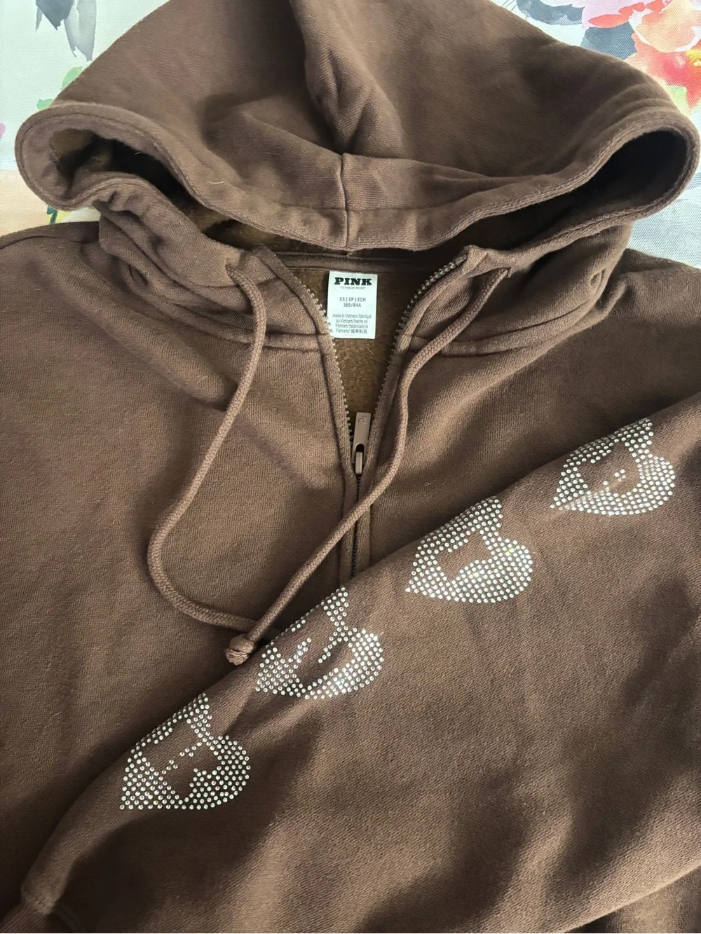PINK Oversized Brown Rhinestone Heart Zip Hoodie